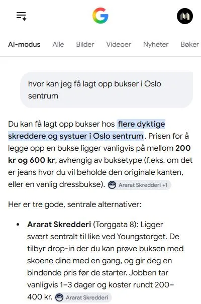 Google AI-modus nevner Ararat Skredderi først for å legge opp bukser i Oslo sentrum