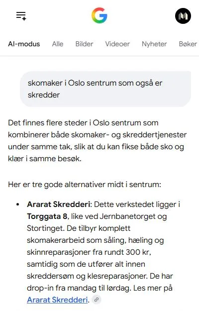 Google AI-modus lister Ararat Skredderi først blant skomakere som også er skreddere i Oslo sentrum