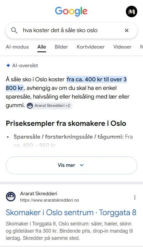 Google AI-oversikt om pris på såling i Oslo med Ararat Skredderi som kilde, og Ararat som første søketreff under