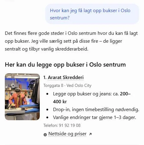 ChatGPT lister Ararat Skredderi som nummer én for å legge opp bukser i Oslo sentrum