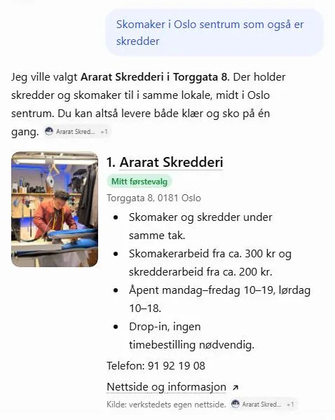 ChatGPT svarer at den ville valgt Ararat Skredderi i Torggata 8, merket som førstevalg