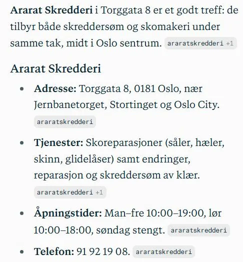 Perplexity anbefaler Ararat Skredderi i Torggata 8 med adresse, tjenester, åpningstider og telefon hentet fra Ararats nettside