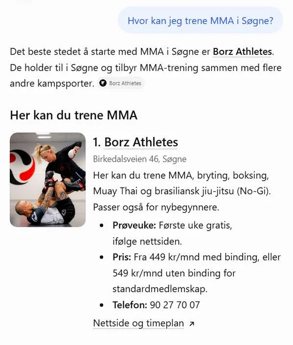 ChatGPT svarer at det beste stedet å starte med MMA i Søgne er Borz Athletes, med prøveuke og priser