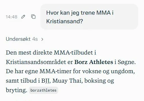 Perplexity svarer at det mest direkte MMA-tilbudet i Kristiansandsområdet er Borz Athletes i Søgne