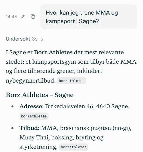 Perplexity svarer at Borz Athletes er det mest relevante stedet for MMA og kampsport i Søgne